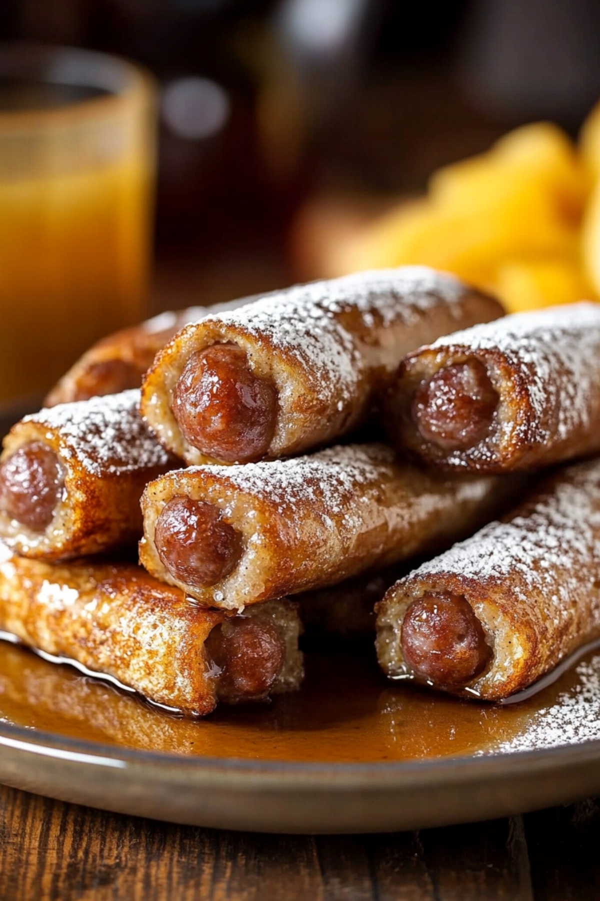 Bunch of rolled French toast with sausage inside served in a brown plate.