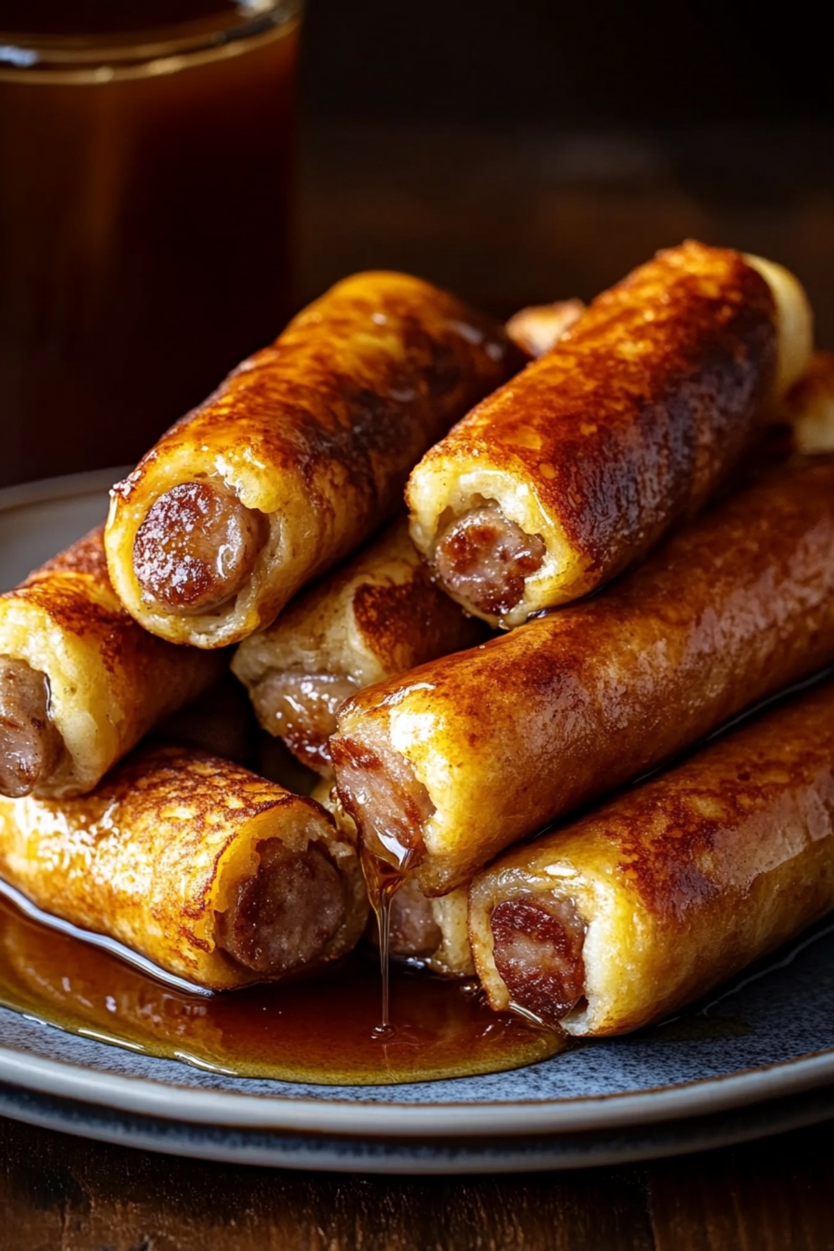 Golden glistening French toast with sausage inside served in a black plate drizzled with maple syrup.