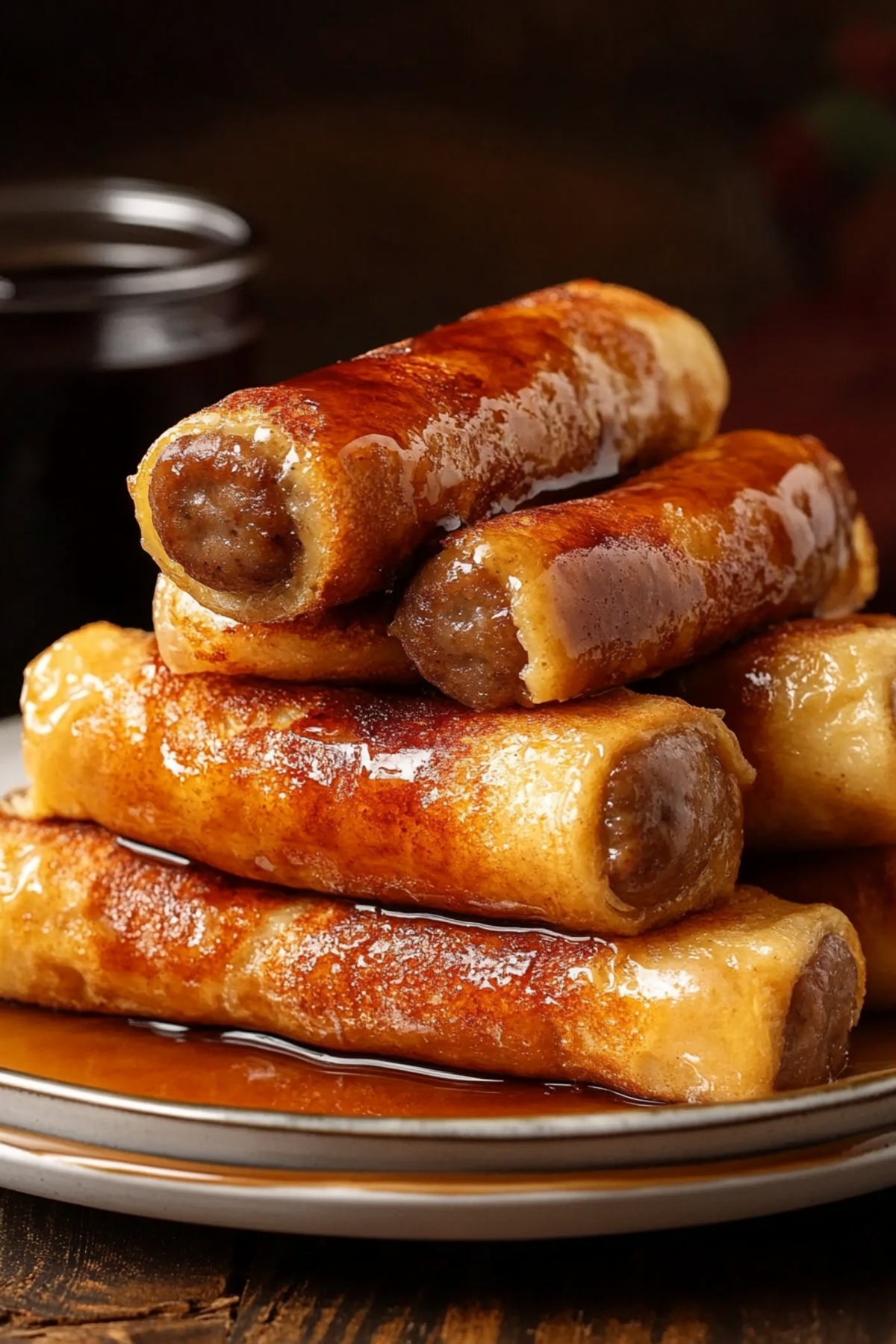 Bunch of rolled French toast with sausage drizzled with syrup stacked in a plate.