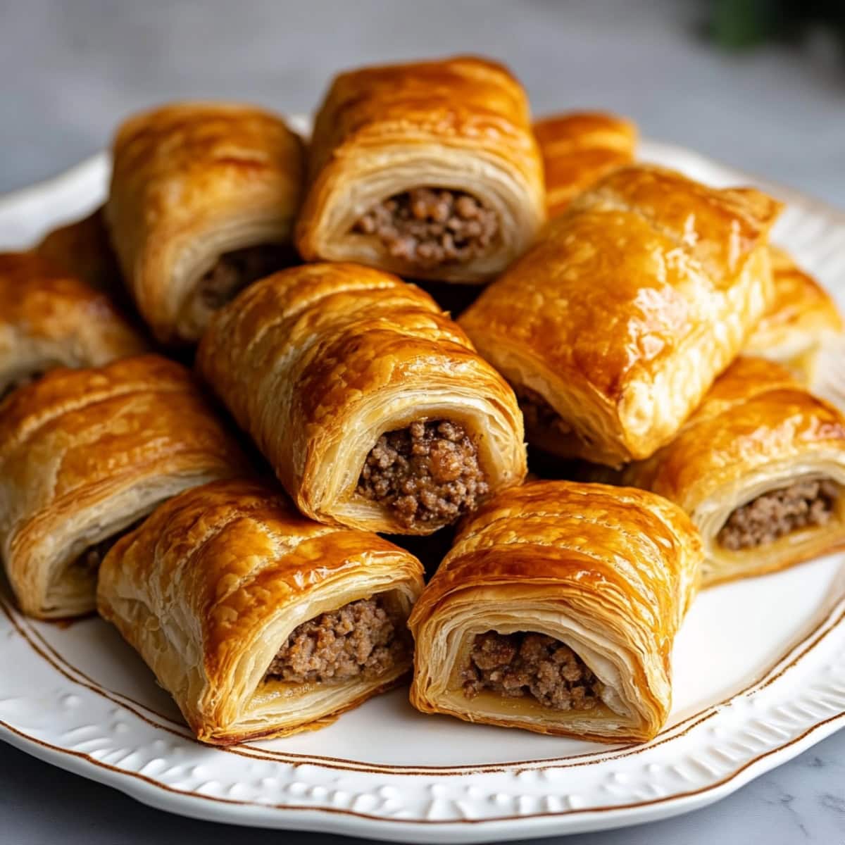 Stacked homemade ground sausage rolls in a plate.