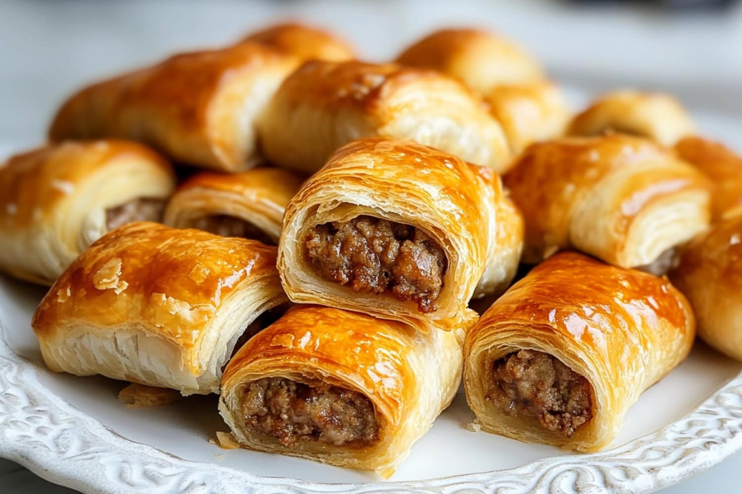 Savory and appetizing sausage rolls sitting in an elegant plate.