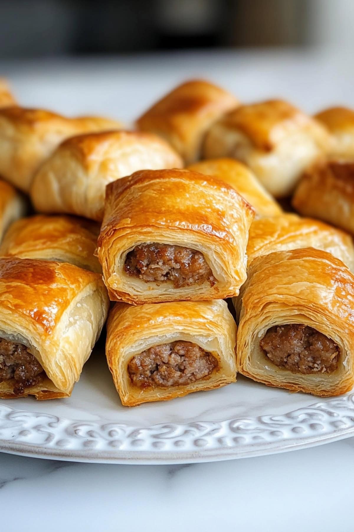 Freshly baked sausage rolls in a white plate on a white marble table.