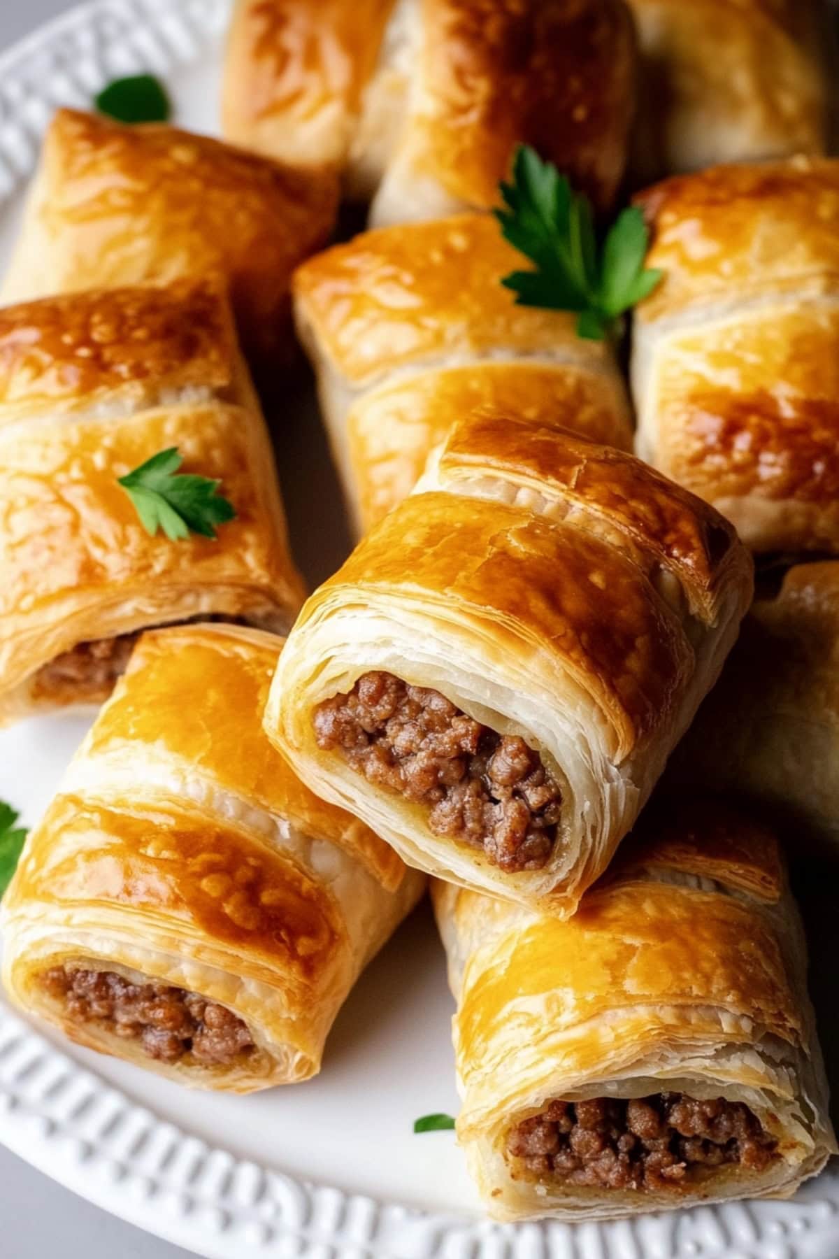 A close-up of  golden-brown sausage rolls, fresh out of the oven, with flaky puff pastry in a plate.