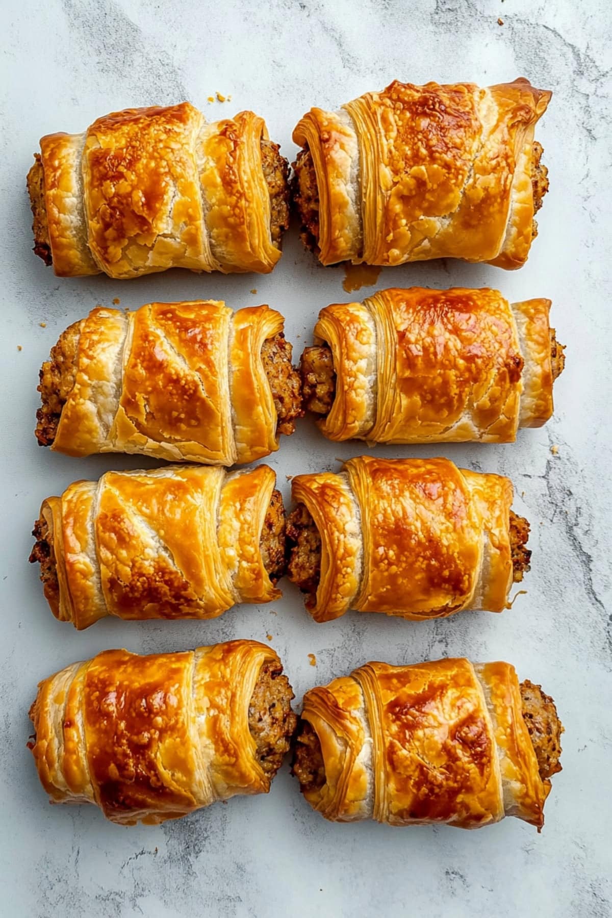 Flaky homemade ground sausage rolls on a white marble table.