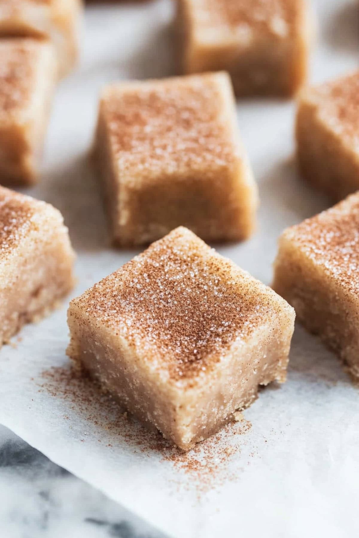 Snickerdoodle fudge on parchment paper, close up