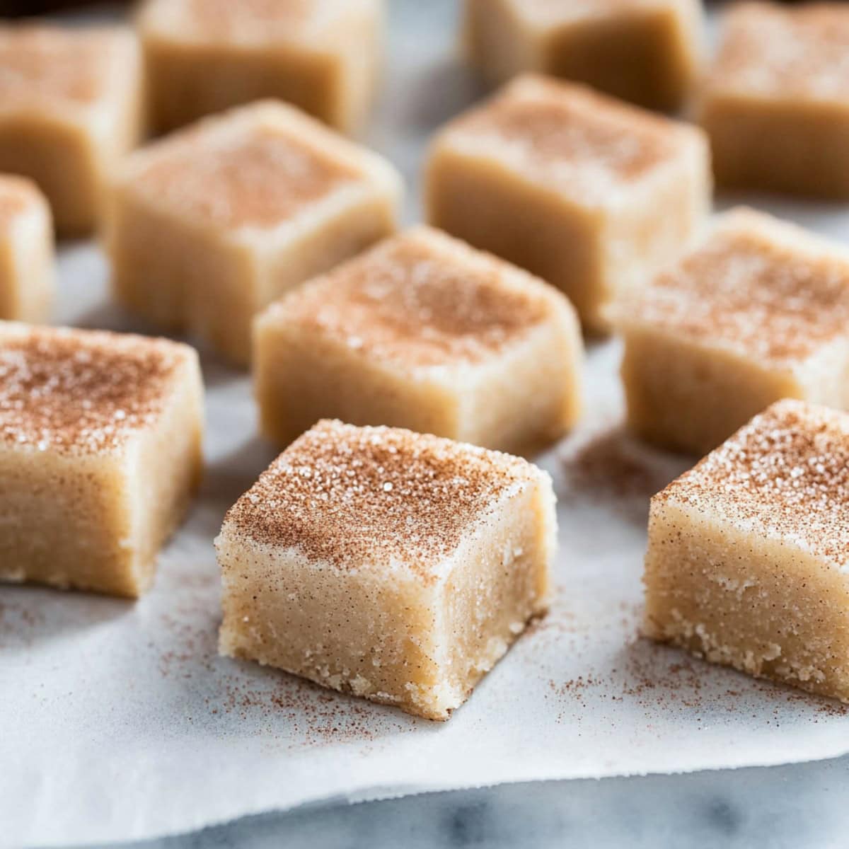 Square pieces of snickerdoodle fudge sitting on parchment paper.