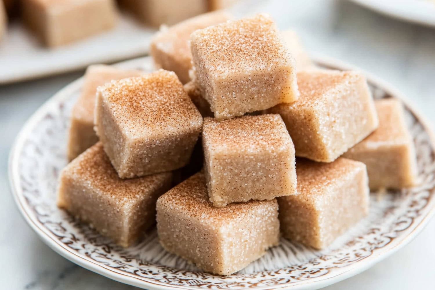 Bunch of square slices of snickerdoodle fudge served in a plate.