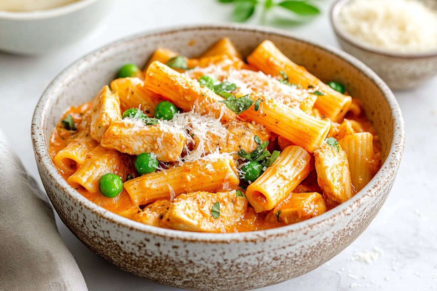 Spicy chicken rigatoni coated with sauce, garnished with green peas and parmesan cheese.