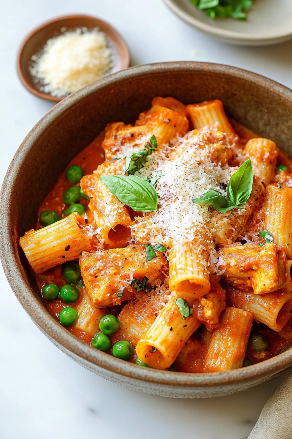 A bowl of spicy chicken rigatoni with green peas and shredded parmesan.