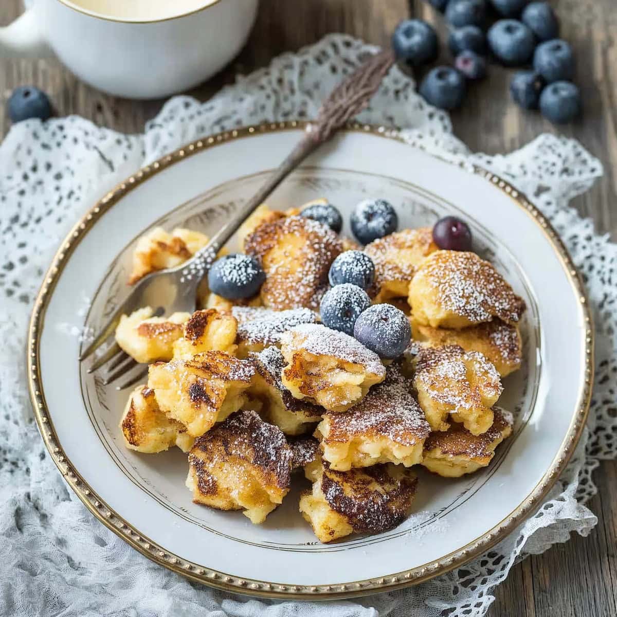 Homemade scrambled pancakes with powdered sugar and blueberries on a plate.