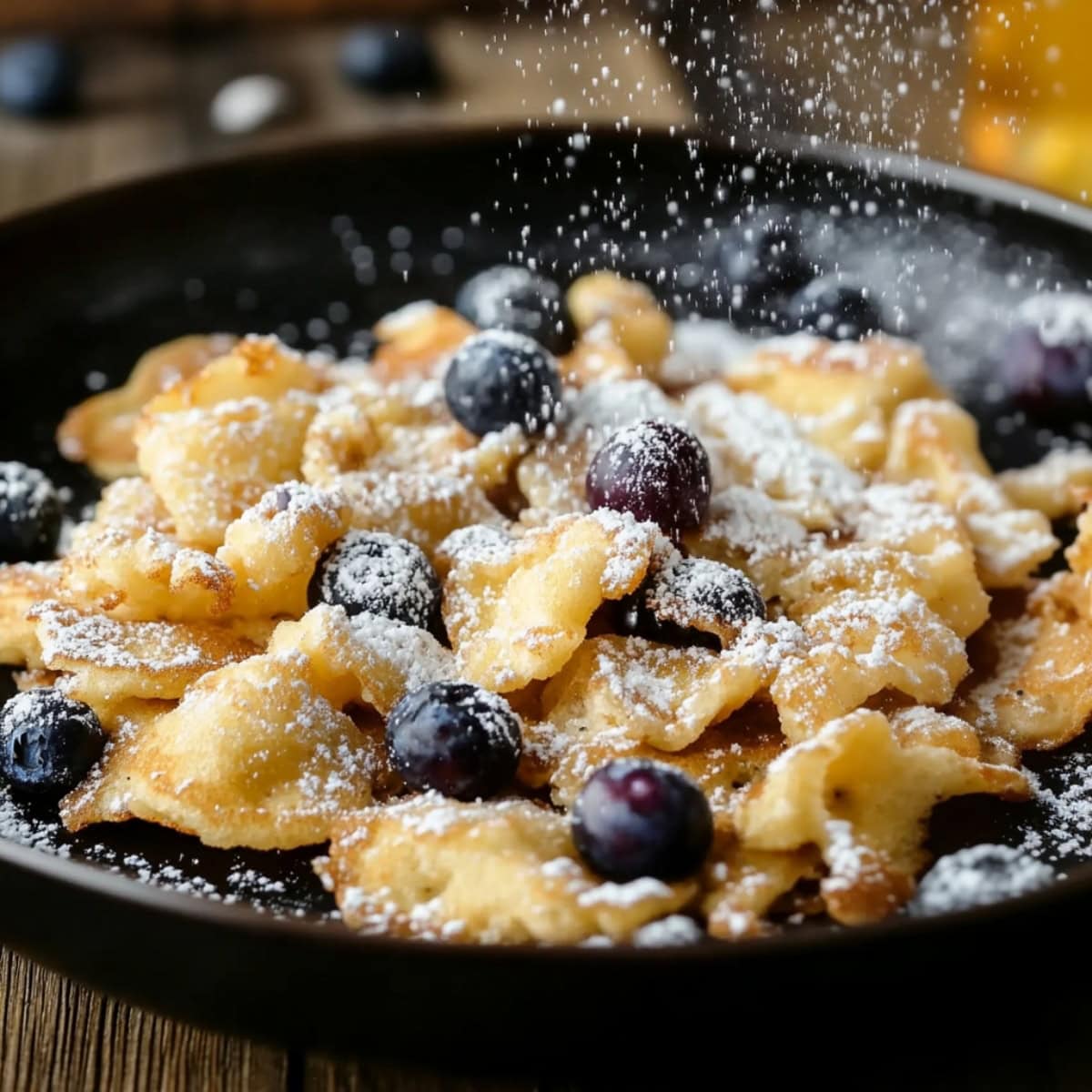 A skillet filled with scrambled pancakes with blueberries and powdered sugar.