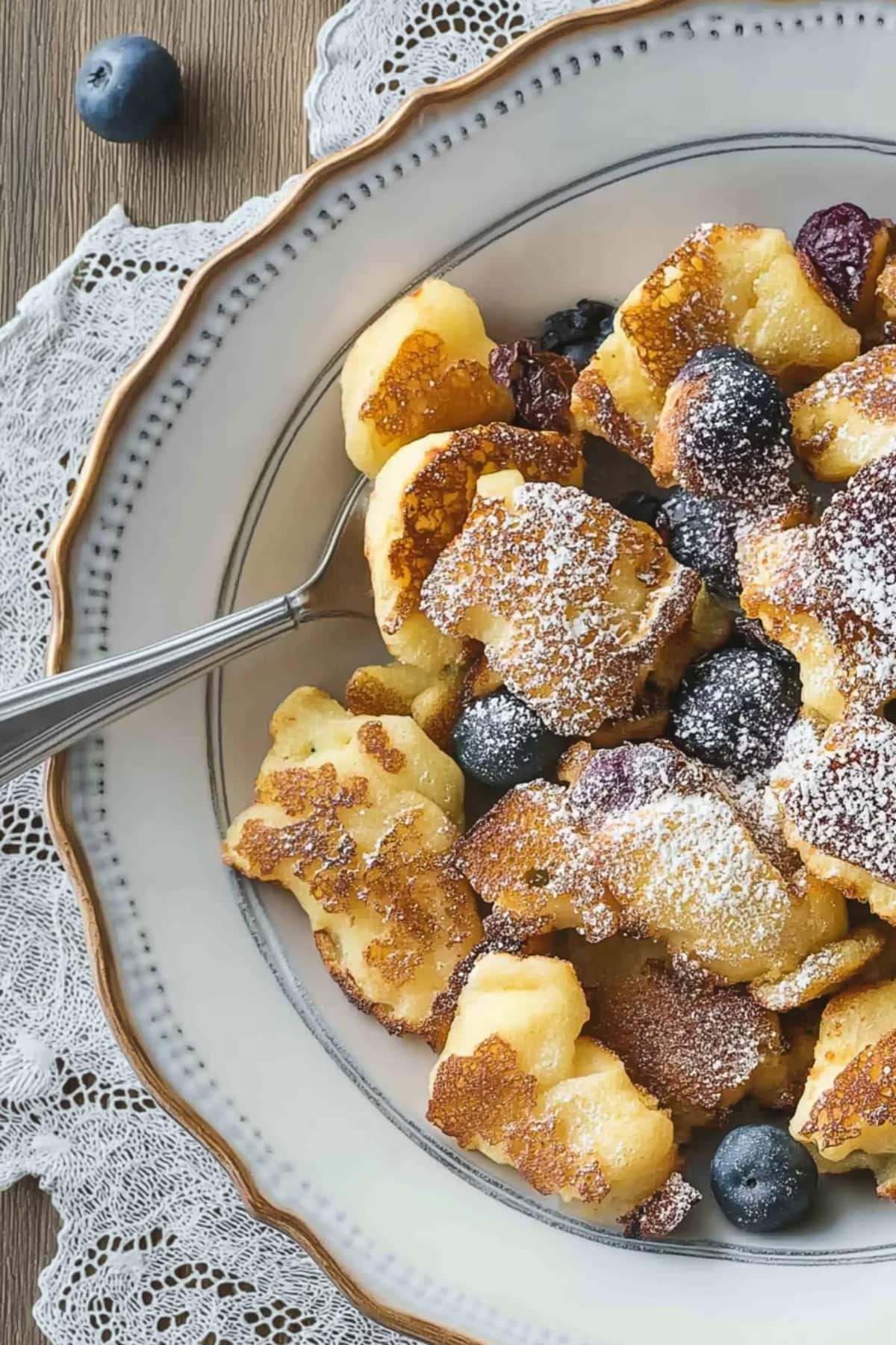 A plate of Kaiserschmarrn pancakes with powdered sugar and fresh blueberries