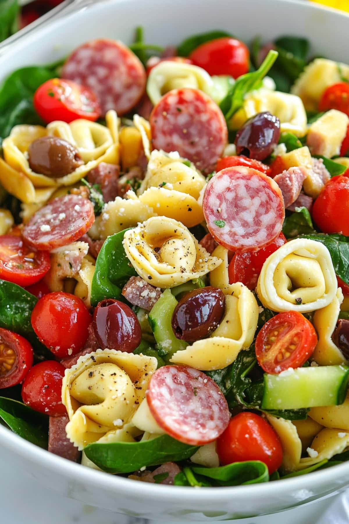 White bowl with a serving of tortellini pasta salad made with mix of  tomatoes, cucumber, red onion, olives, mozzarella, salami, Parmesan, spinach, and basil.