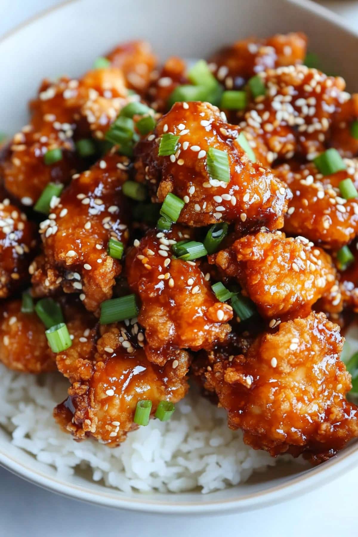 Crispy and saucy homemade sesame chicken with chopped green onions and served in a bed of rice.