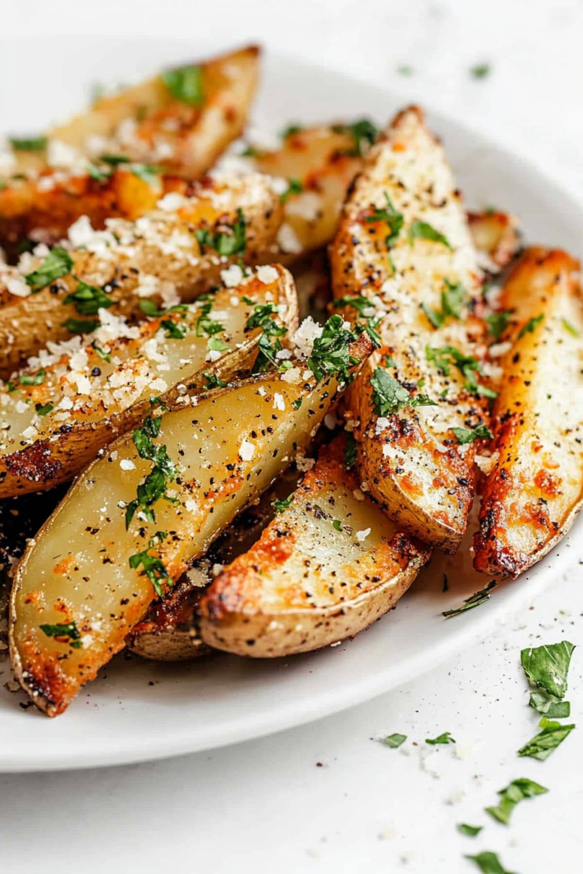 Baked potato wedges with parmesan cheese served in a white plate sprinkled with chopped parsley.