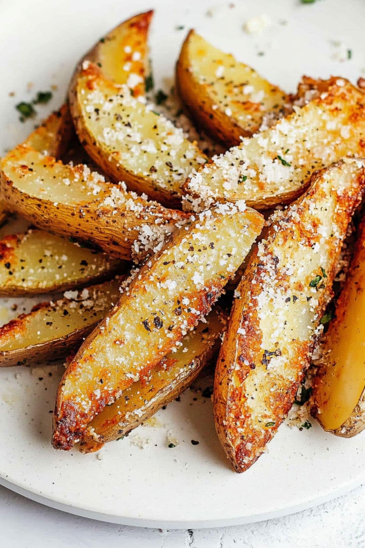 Baked potato wedges sprinkled with parmesan cheese served in a white plate.