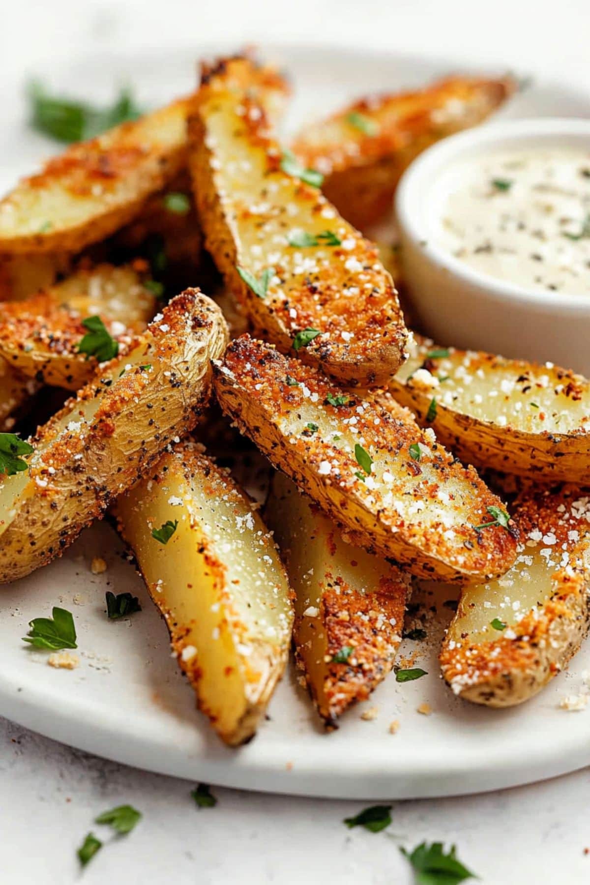 Bunch of baked potato wedges with parmesan cheese served in a white plate with cheese dip on the side.