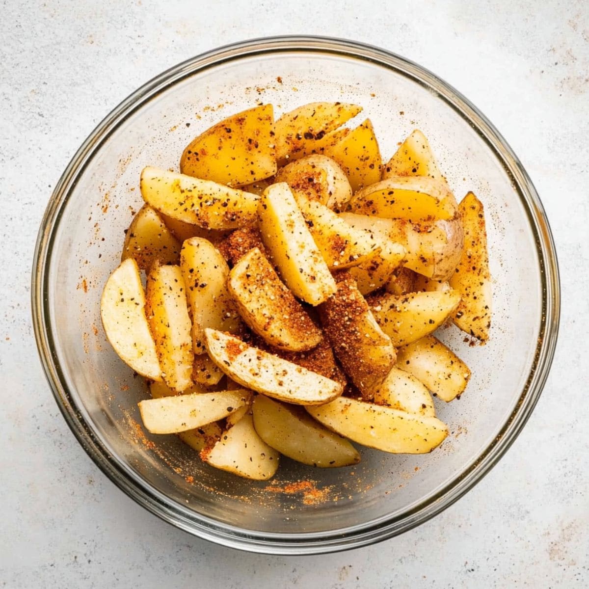 Potato wedges tossed in  olive oil, garlic powder, smoked paprika, Italian seasoning, salt, and pepper in a glass mixing bowl.