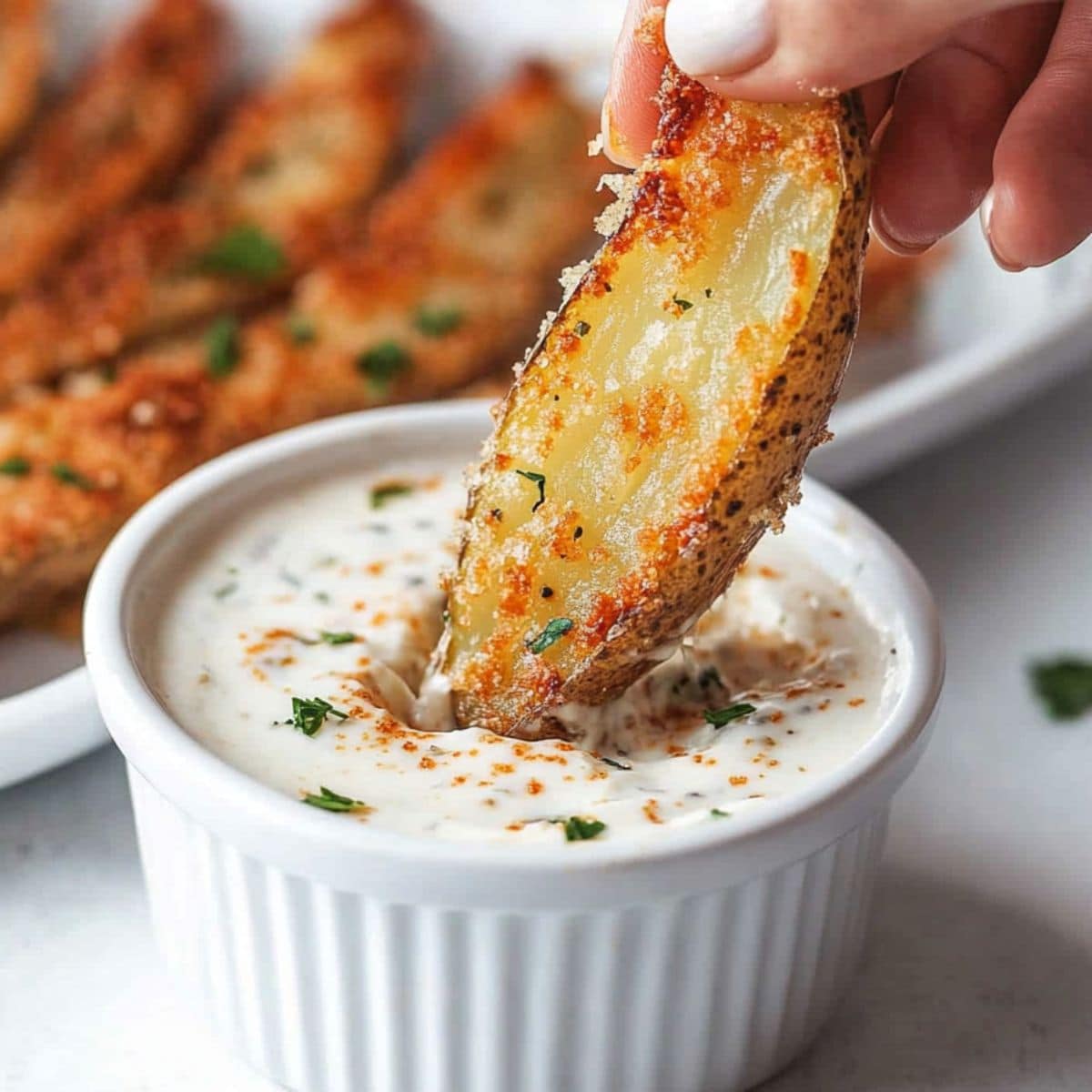 Baked potato wedge dipped in garlic parmesan cheese dip in a ramekin dish.