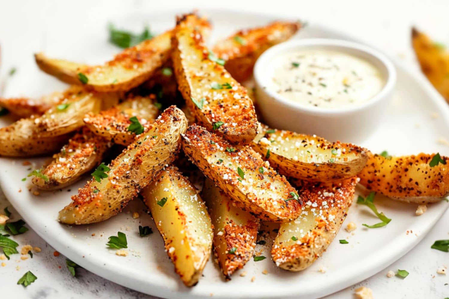 Baked potato wedges seasoned in olive oil, garlic powder, smoked paprika, Italian seasoning, salt, and pepper served in a white plate with dip on the side.