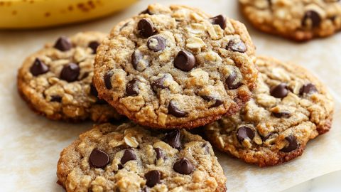 Freshly baked banana oatmeal cookies on a parchment paper.