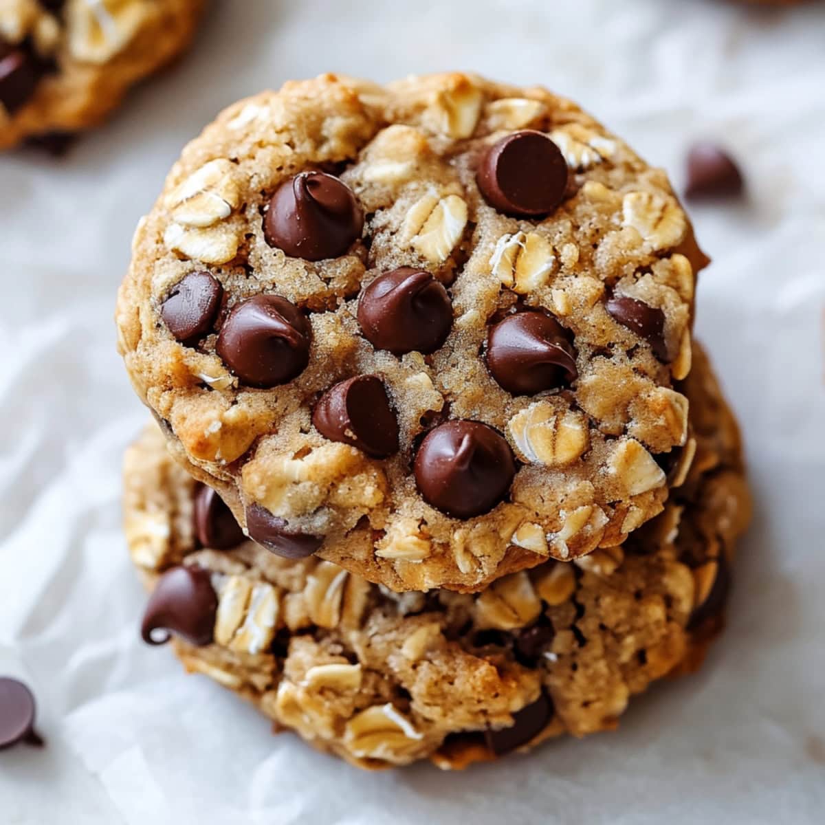 A stack of banana oatmeal cookies with chocolate chips.