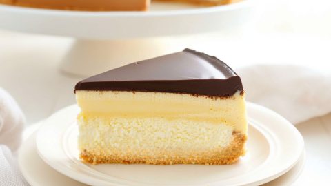 A serving slice of Boston cream pie cheesecake in a white plate.