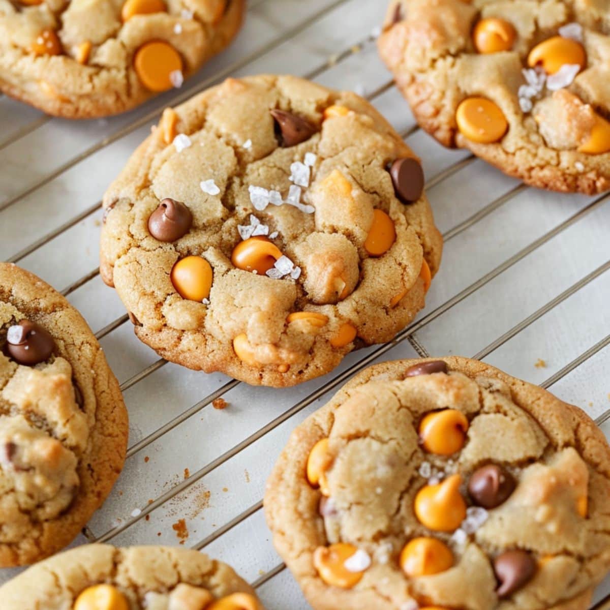 Chocolate chip and butterscotch cookies with sea salt cooling on a wire cooling rack. 