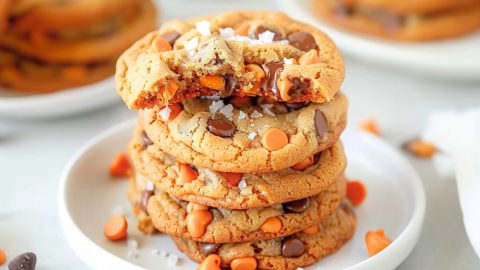 Stack of butterscotch chocolate chip cookies served in a white plate.