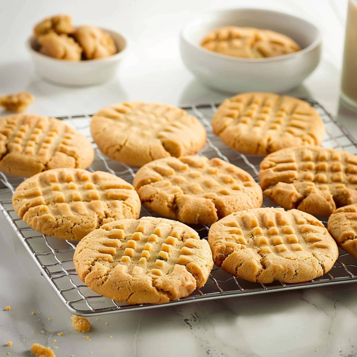 Peanut butter cookies sitting on a wire cooling rack.