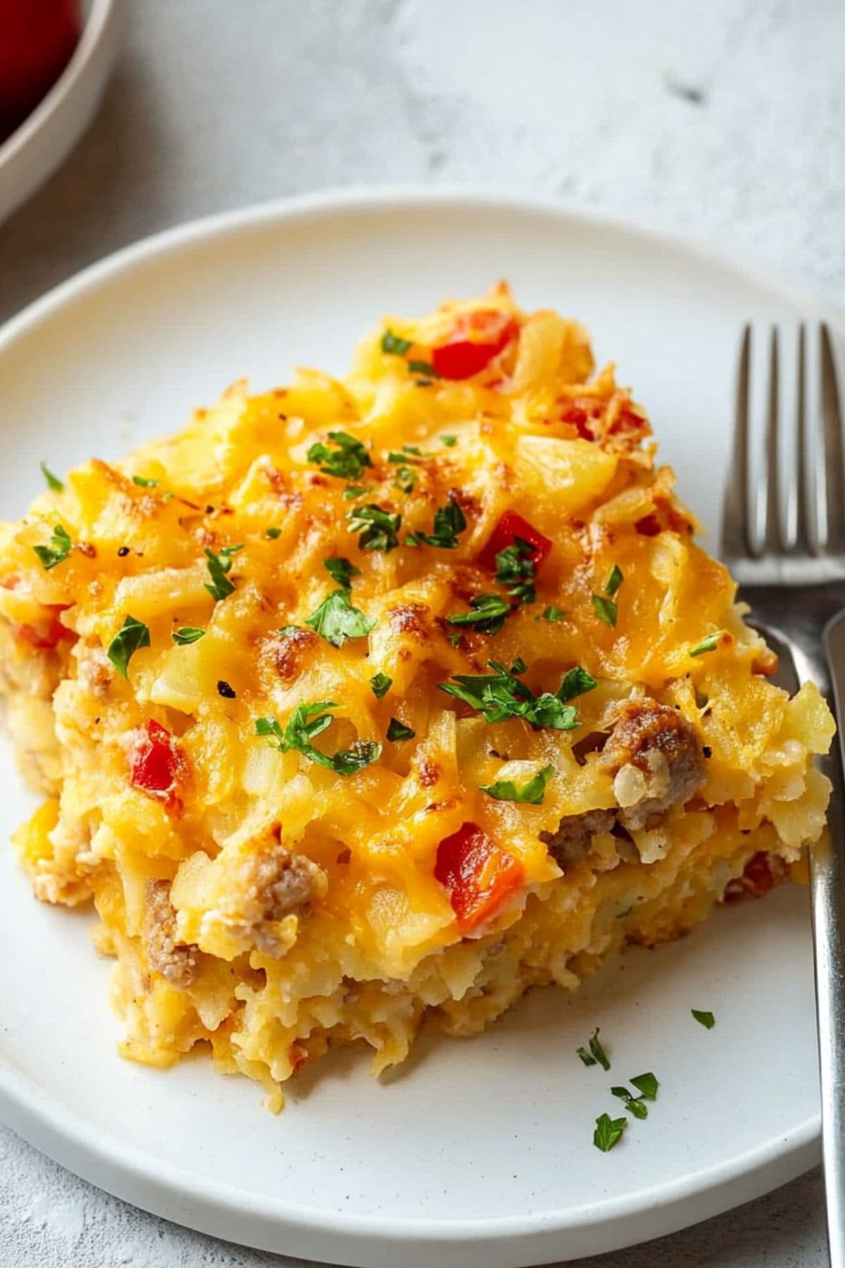 Square slice of cheesy potato breakfast casserole on a white plate with a fork. 