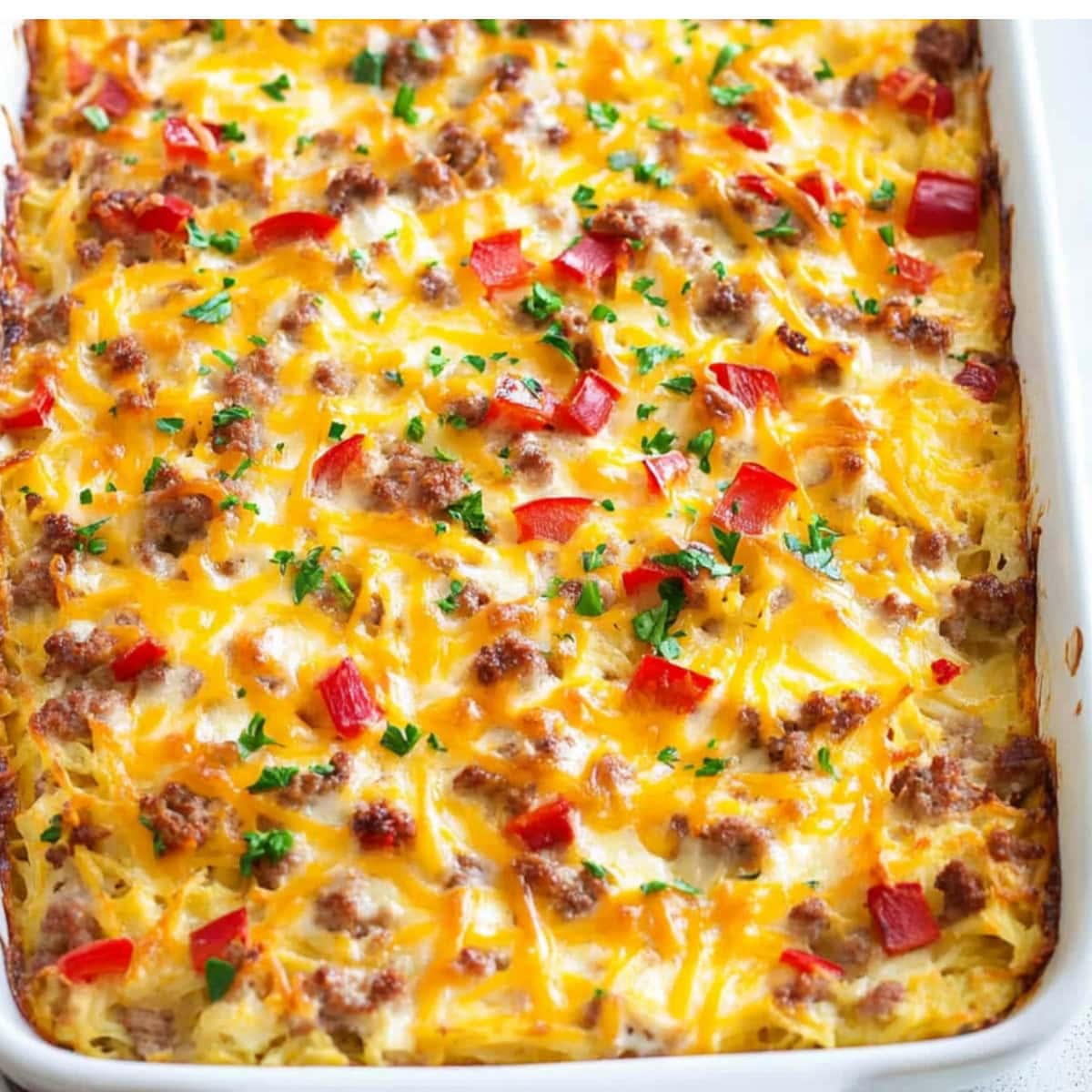 Cheesy potato breakfast casserole with fresh herbs and chopped peppers in a rectangular white baking dish, top view