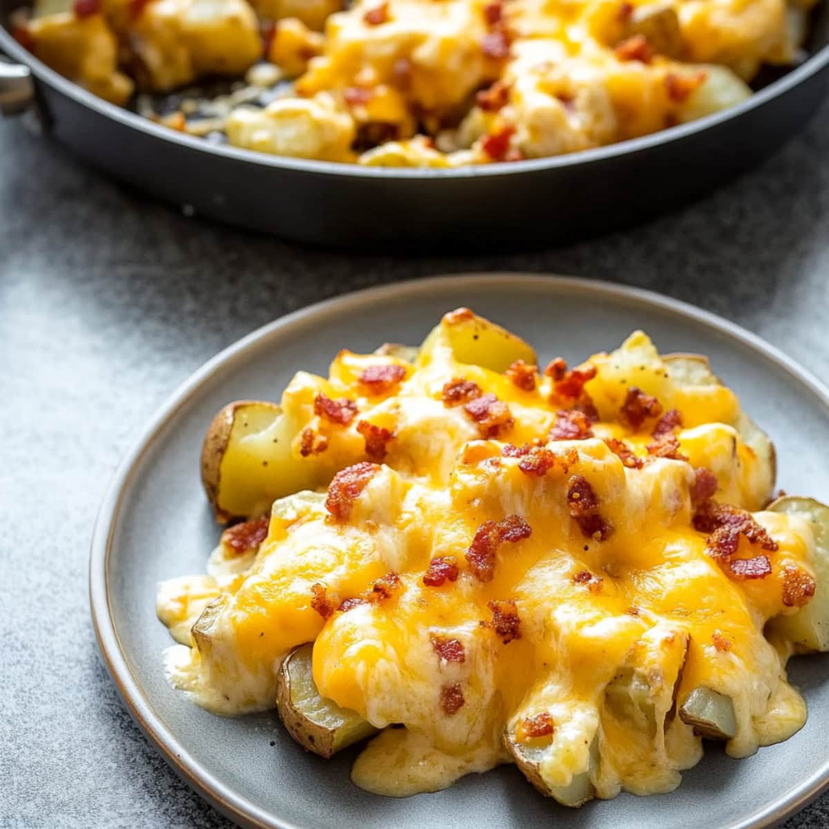 Cheesy Ranch Potatoes on a Plate with Bacon