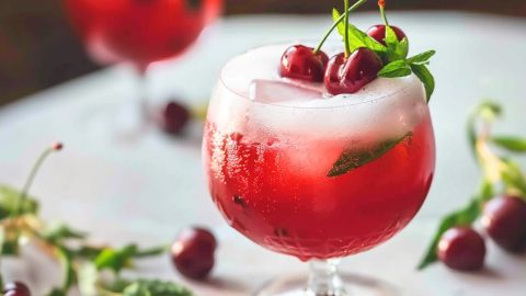Cherry vanilla fizz served with ice in a cocktail glass garnished with cherries and mint leaves.