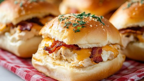 Chicken bacon ranch sliders in a red checkered towel.