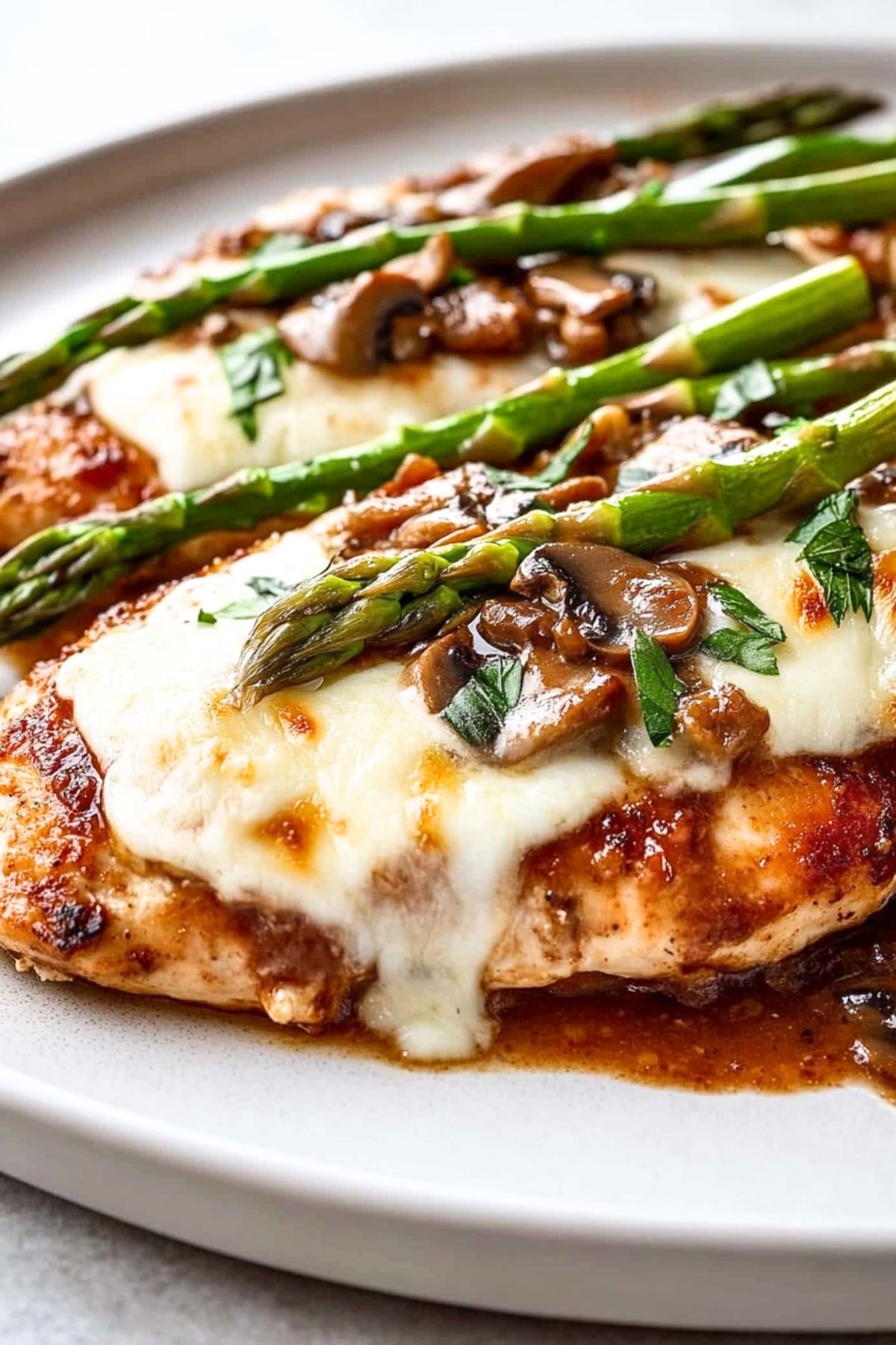 Seared chicken with creamy mushroom sauce, melted cheese and asparagus served in a white plate.