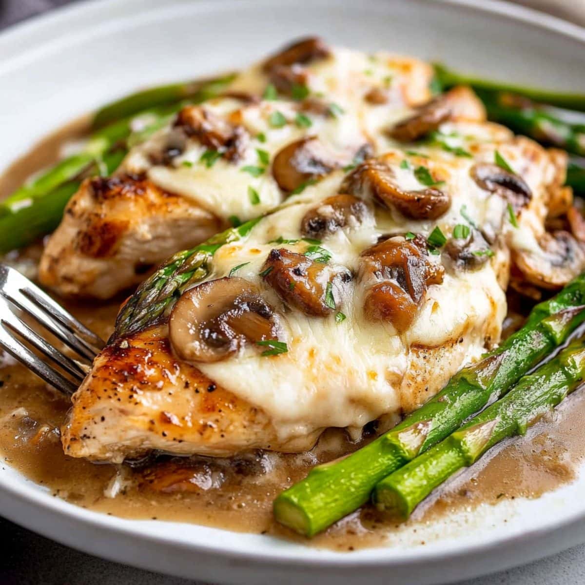 Serving of chicken madeira in a white plate with creamy mushroom sauce, melted cheese and asparagus.