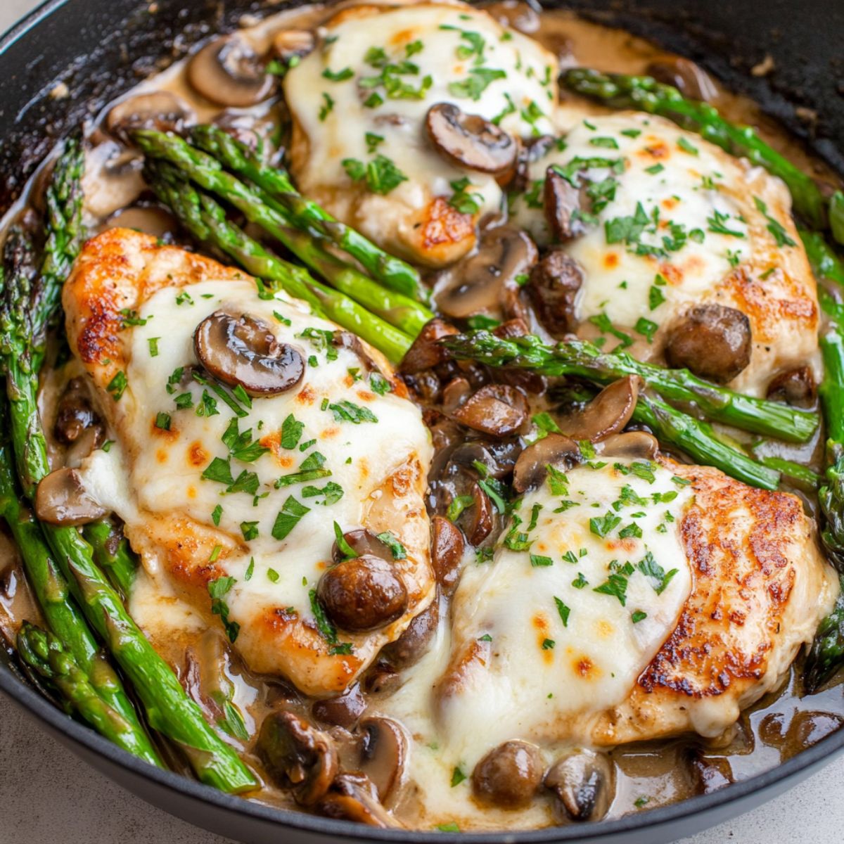 Chicken cutlets with creamy mushroom sauce, melted cheese and asparagus cooked in a skillet pan.