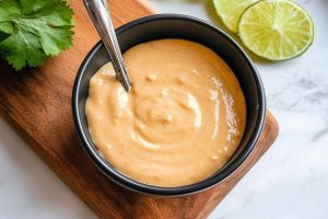 Chipotle aioli in a black bowl, sitting in a wooden board with fresh lime slices.