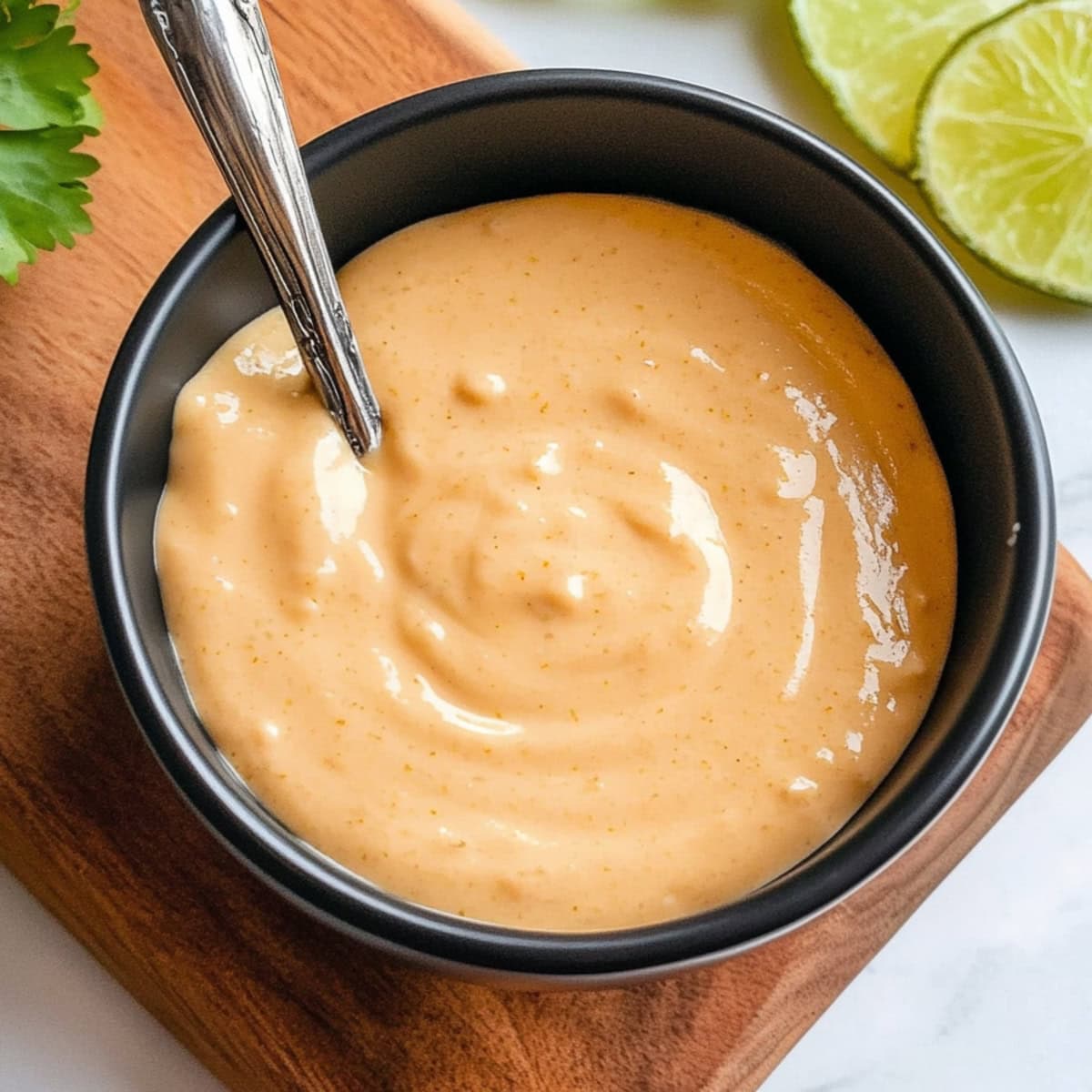 Homemade Chipotle aioli in a bowl, sitting in a wooden board with fresh lime slices on the side.