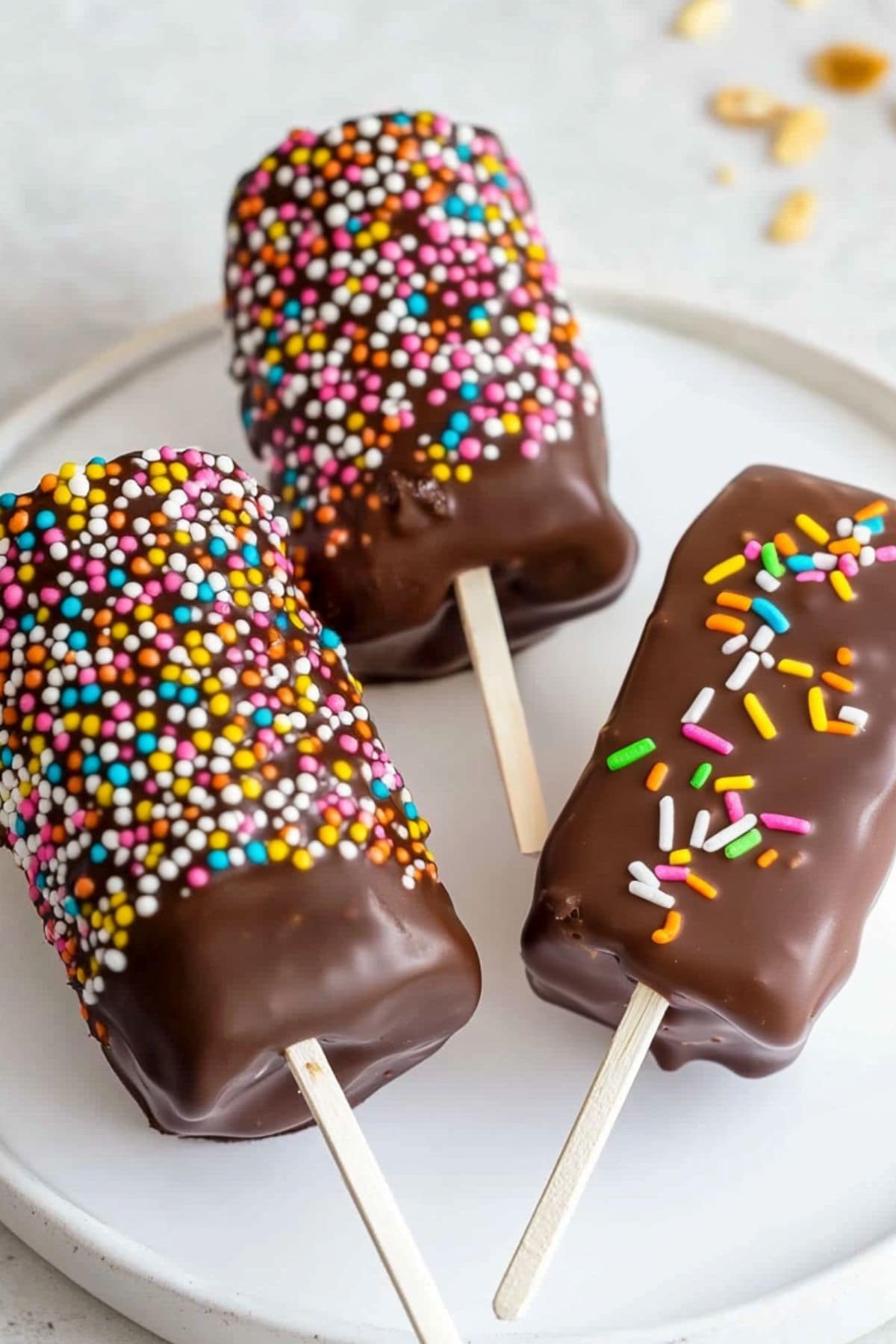 Chocolate covered marshmallow pops covered with candy sprinkles served on a white plate.