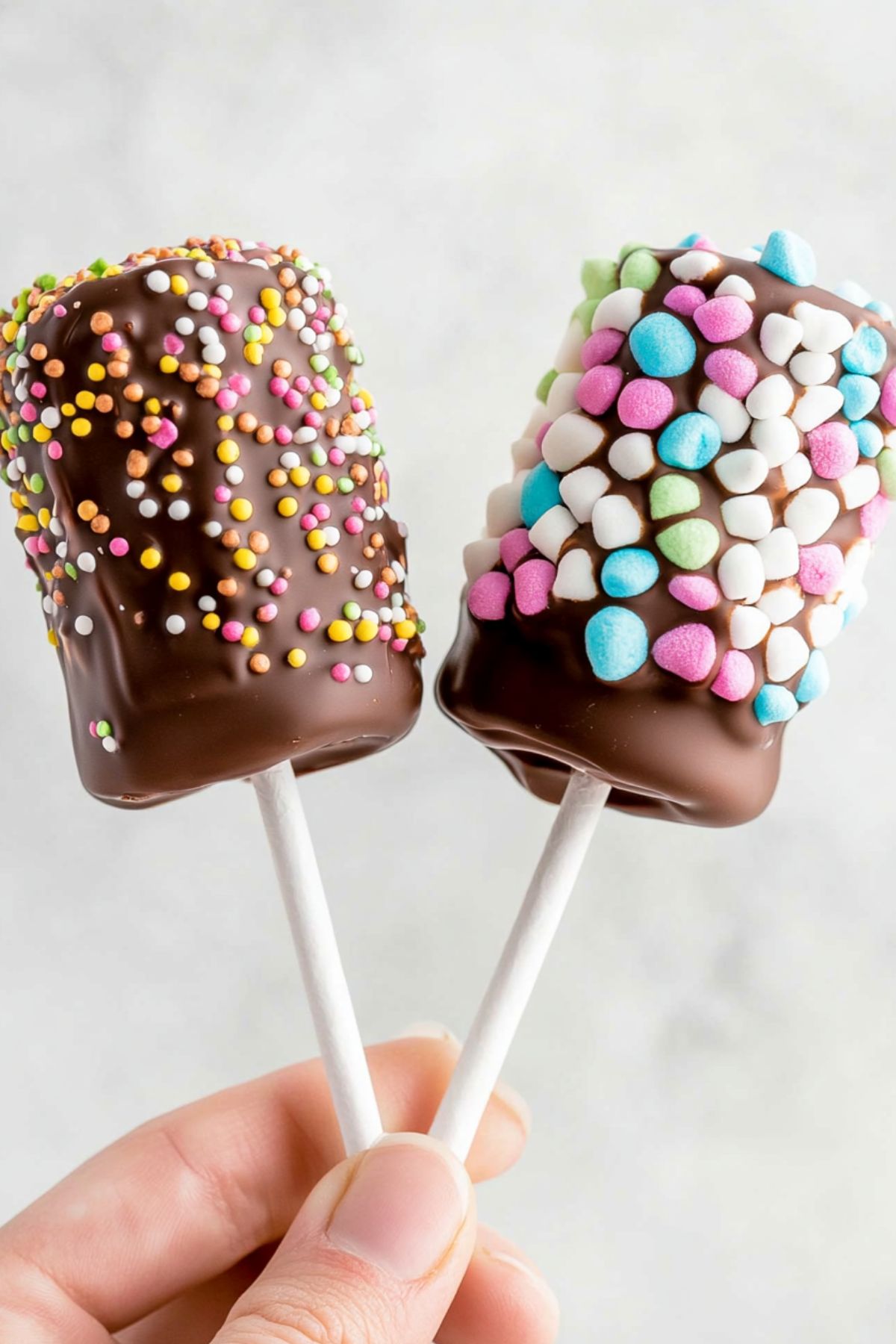 Hand holding chocolate covered marshmallows on stick coated with candy sprinkles.