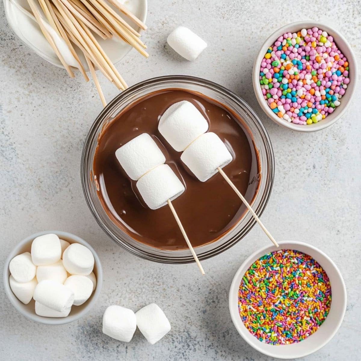 Marshmallows skewered on stick dipped to a glass bowl with melted chocolate sitting next to bowls of candy sprinkles.