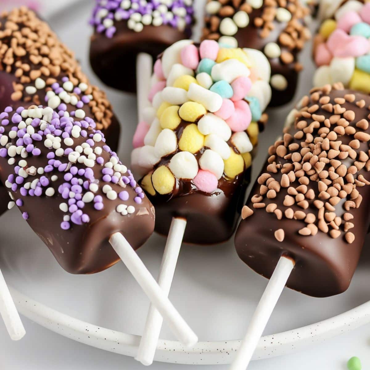 Bunch of chocolate covered marshmallows skewered on stick decorated with mini marshmallows and sprinkles.