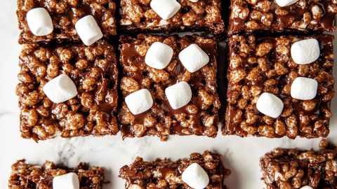 Sweet and chewy chocolate rice krispies treats with mini marshmallows, top view.