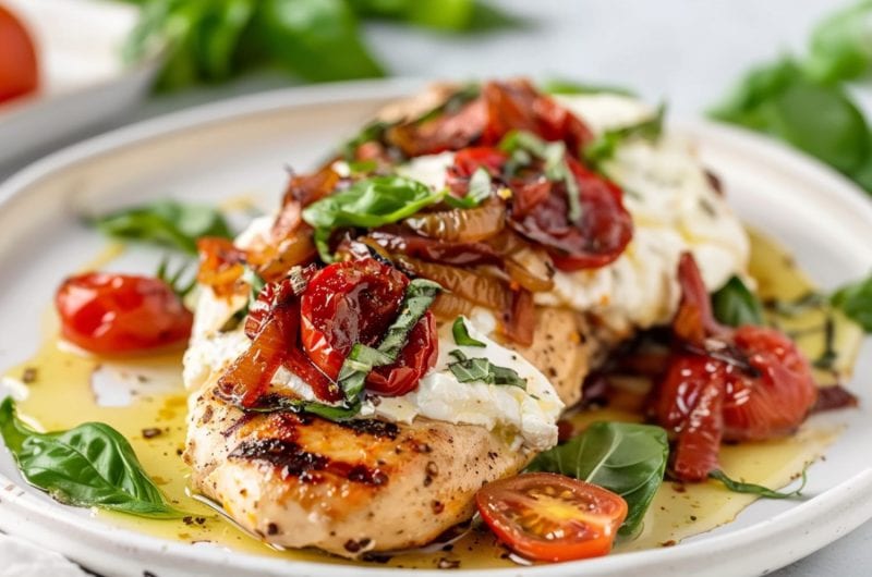 Seared chicken breast topped with melted goat cheese and sundried tomato sauce served in a white plate.