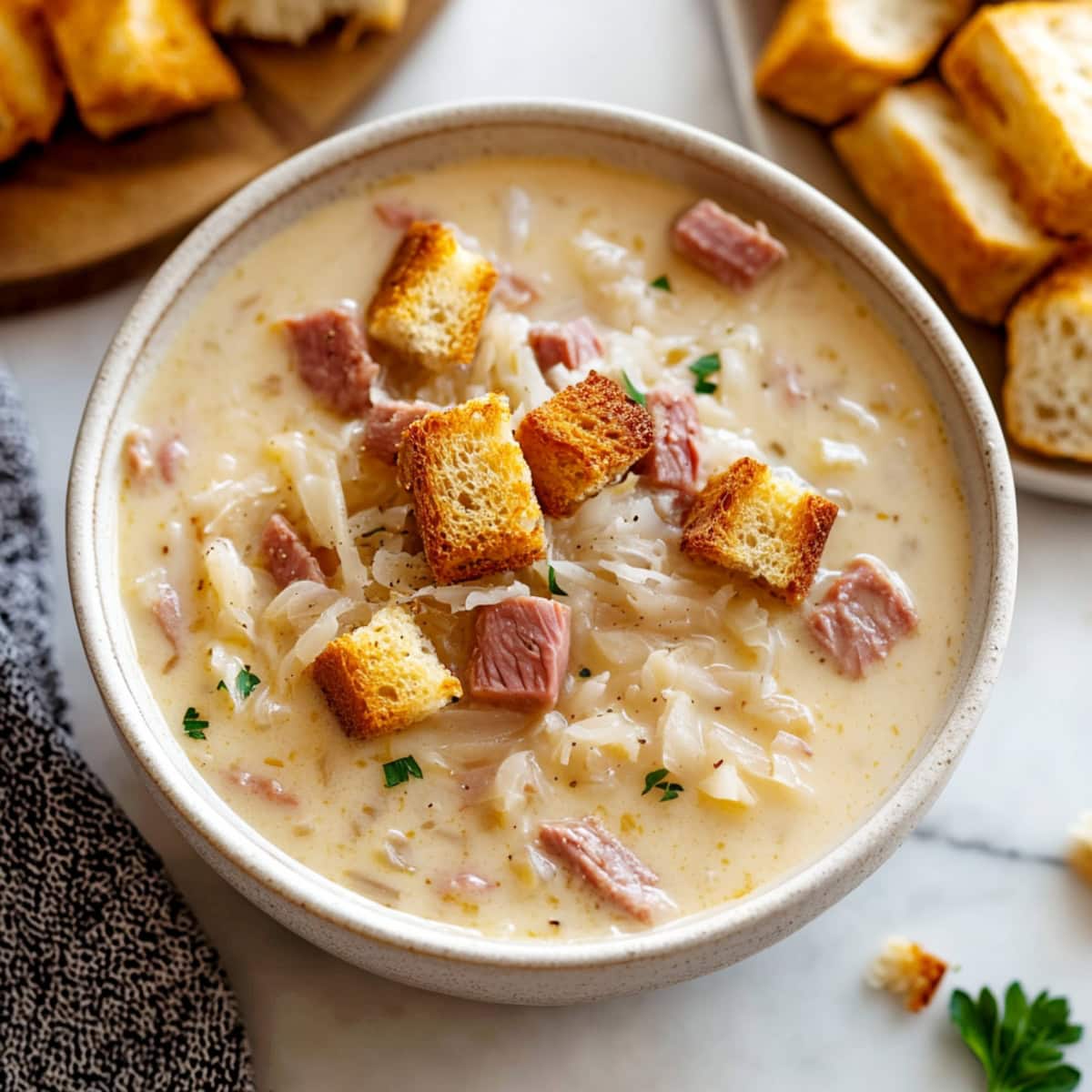 A bowl of creamy Reuben soup, topped with crispy croutons.
