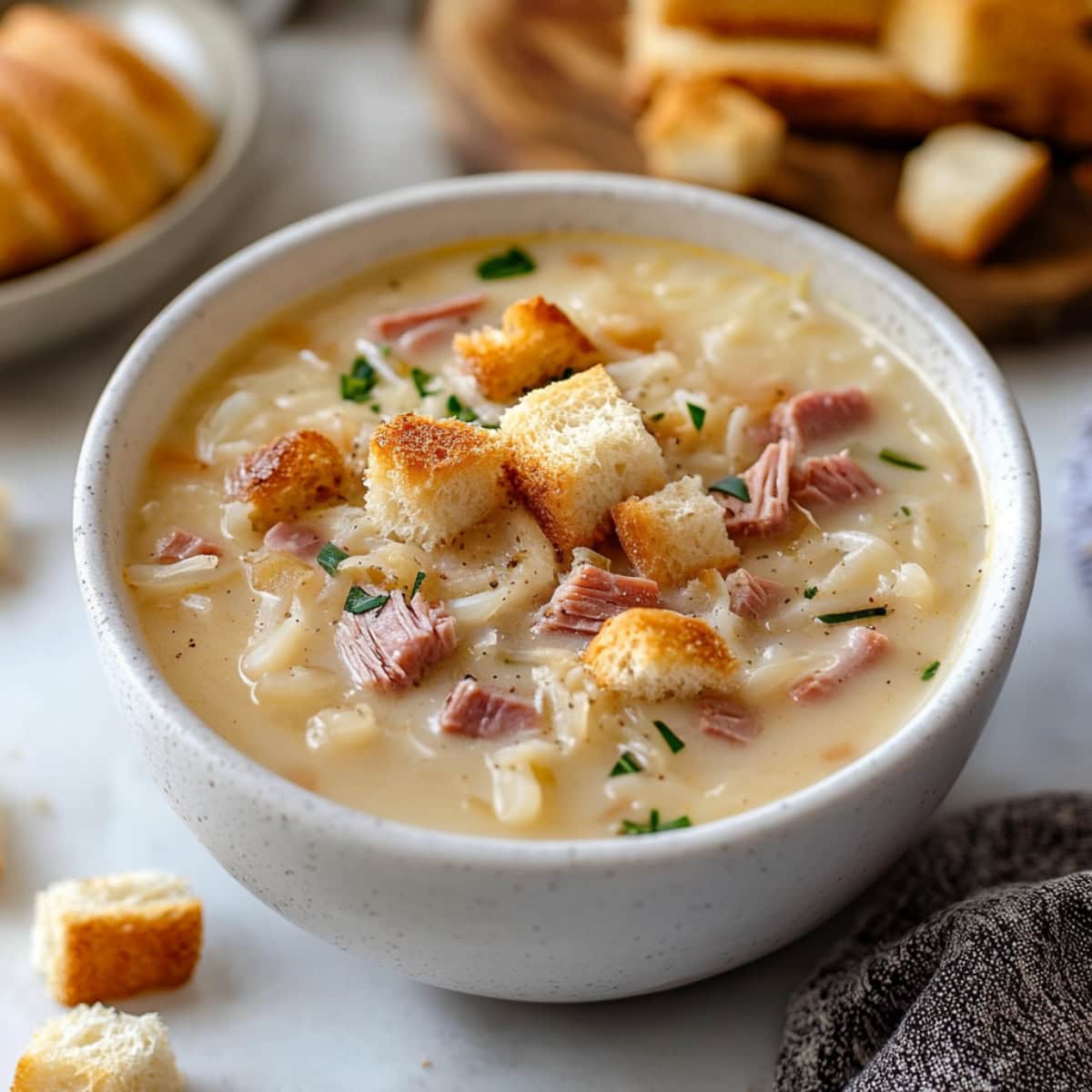 Close-up of creamy Reuben soup, featuring a rich, velvety texture with chunks of corned beef and sauerkraut.