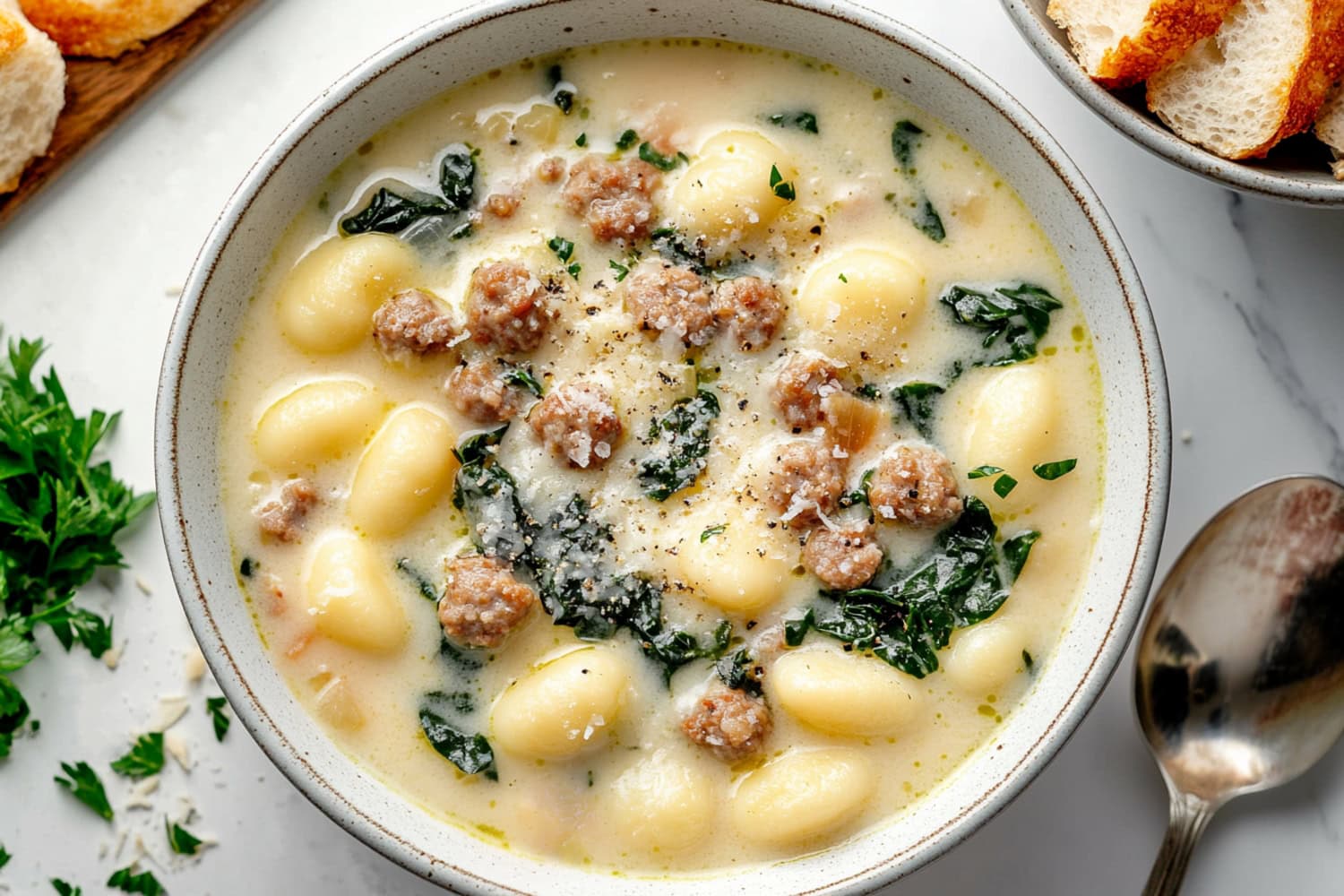 An overhead of creamy sausage gnocchi soup with ground meat and green spinach in a bowl.