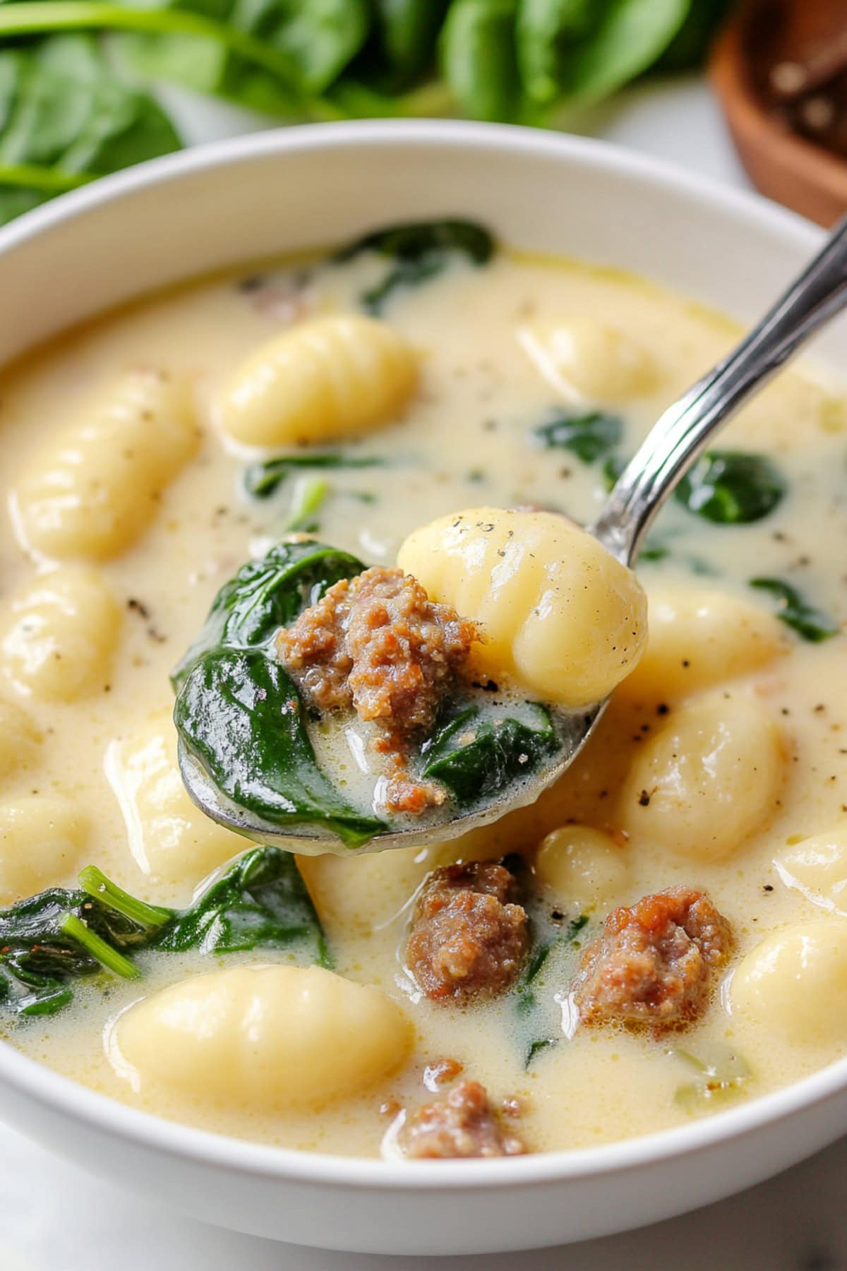 Hearty and creamy sausage and gnocchi soup with spinach in a bowl, close up